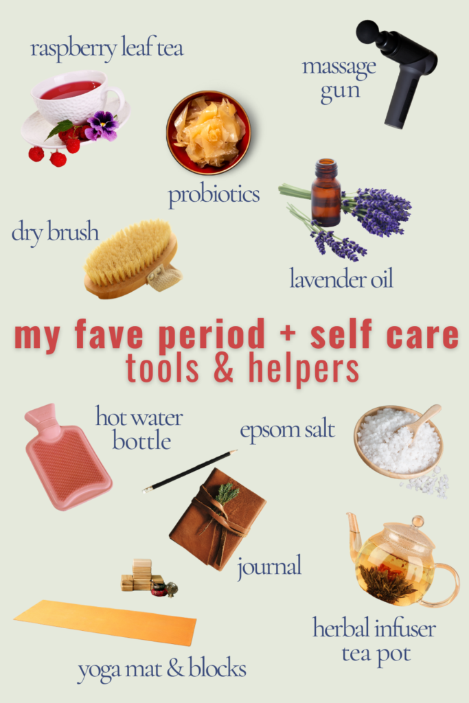 Graphic of my favorite period and self care tools & helpers